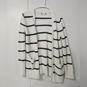 Pink Rose Black And White Striped Open Front Cardigan With Pockets!